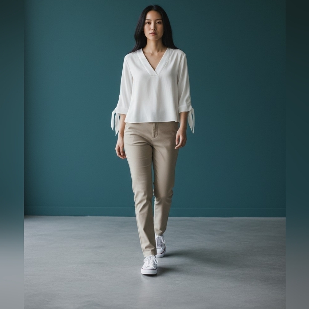 Zara pearl White Tied Bell Slit Sleeve VโNeck Top cropped XS